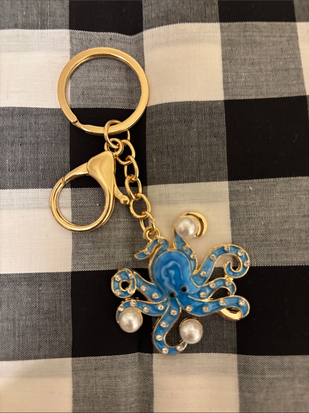 Gold-Tone Blue Octopus Keychain with Pearl Accents